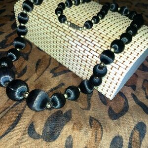 Vintage Black Satin Fabric and Gold Tone Bead Statement Necklace